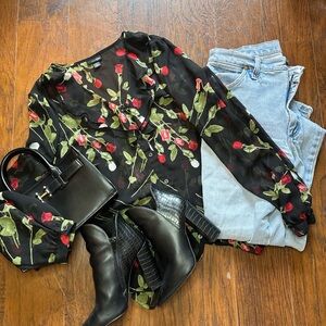 Black Sheer Blouse with Red Rose Print - Date Night Top